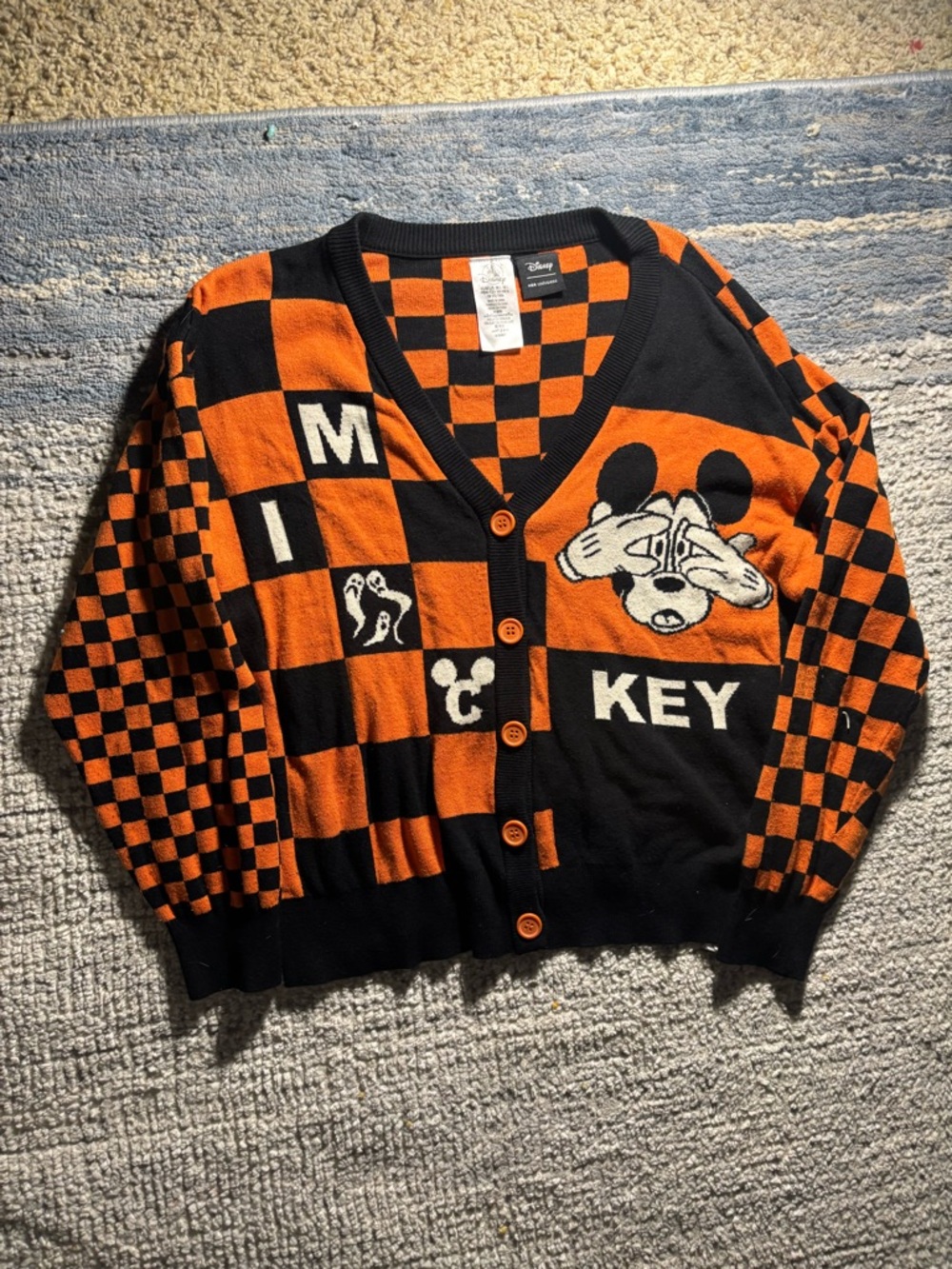 Disney Orange and Black Checkerboard Mickey Cardigan